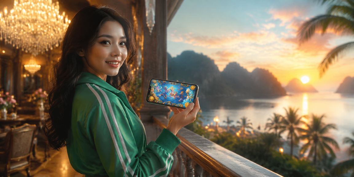 Cảnh chơi game bắn cá với khung cảnh thiên nhiên Ninh Bình làm nền